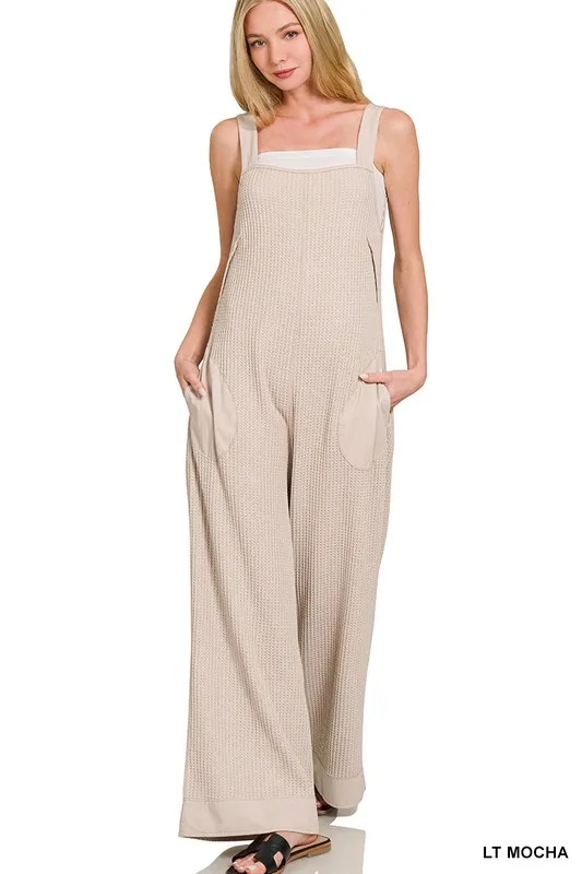 Zenana Knit Waffle Wide Leg Overalls
