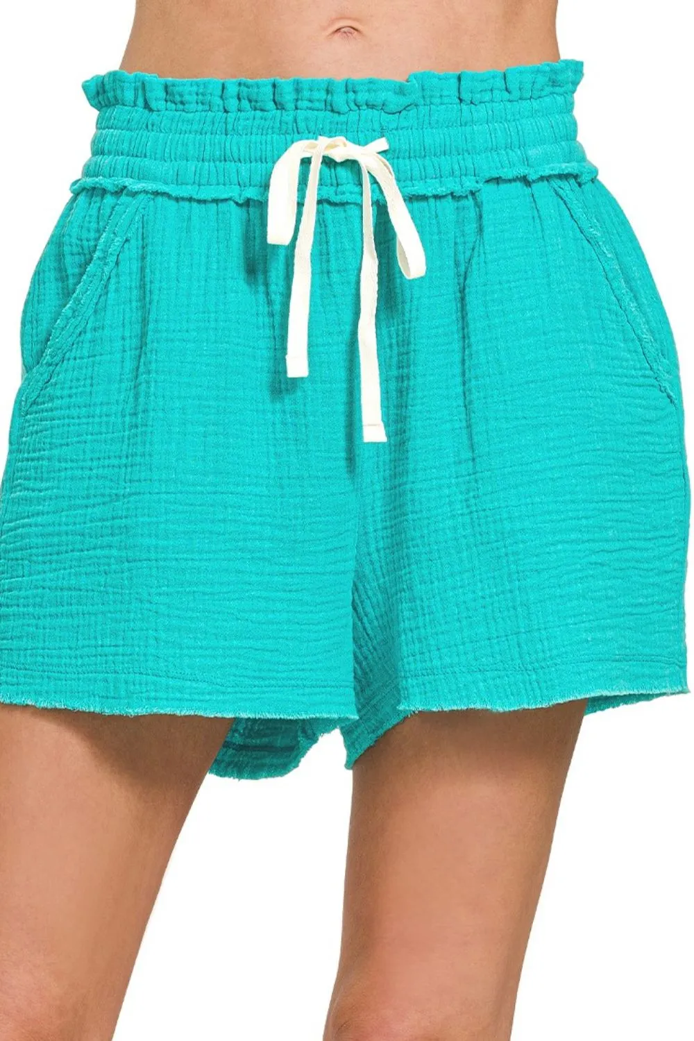 Zenana Double Gauze Elasticband Drawstring Waist Shorts