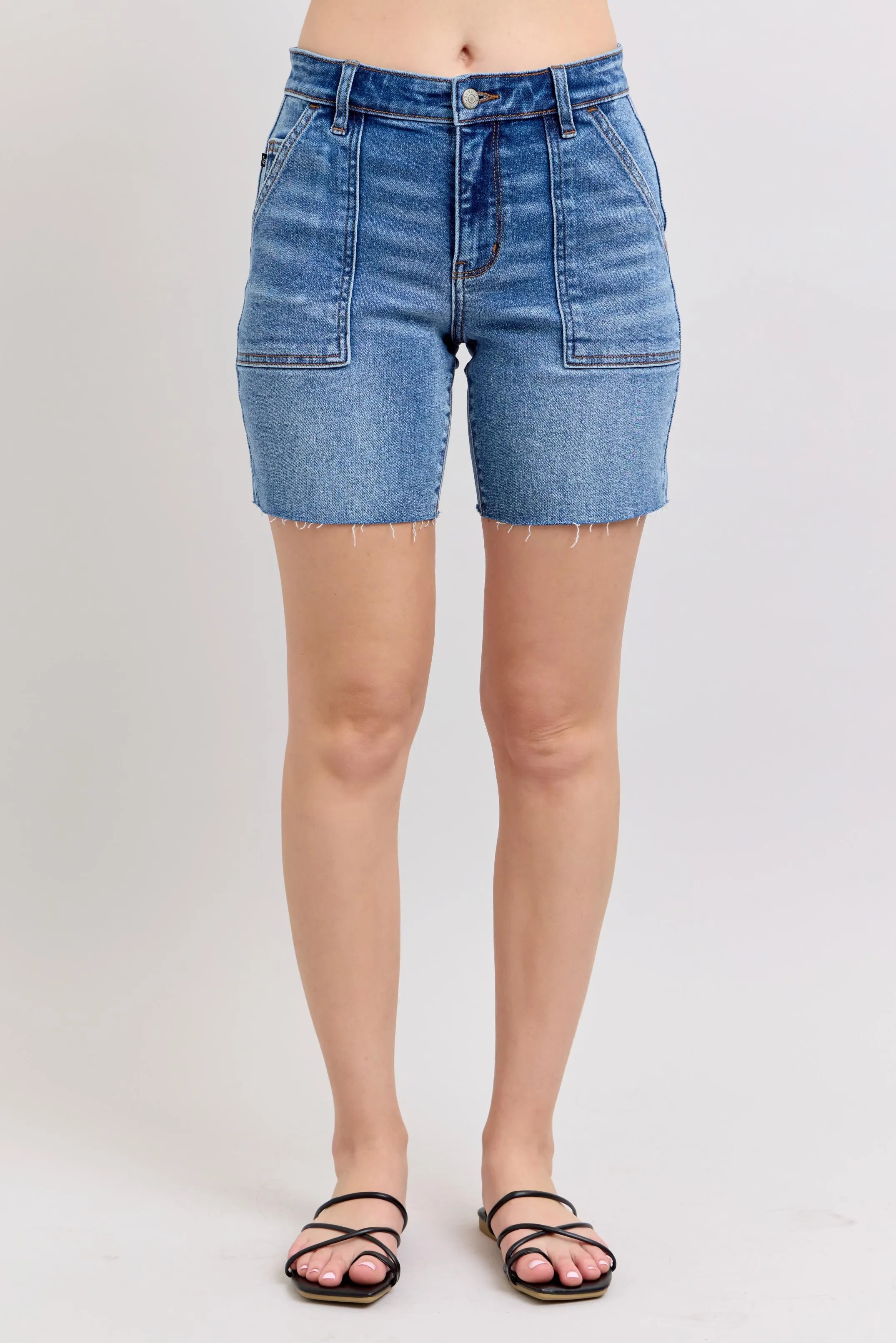 Judy Blue Full Size Mid Rise Bermudas Denim Shorts W/ Back Flap Pockets Plus Size