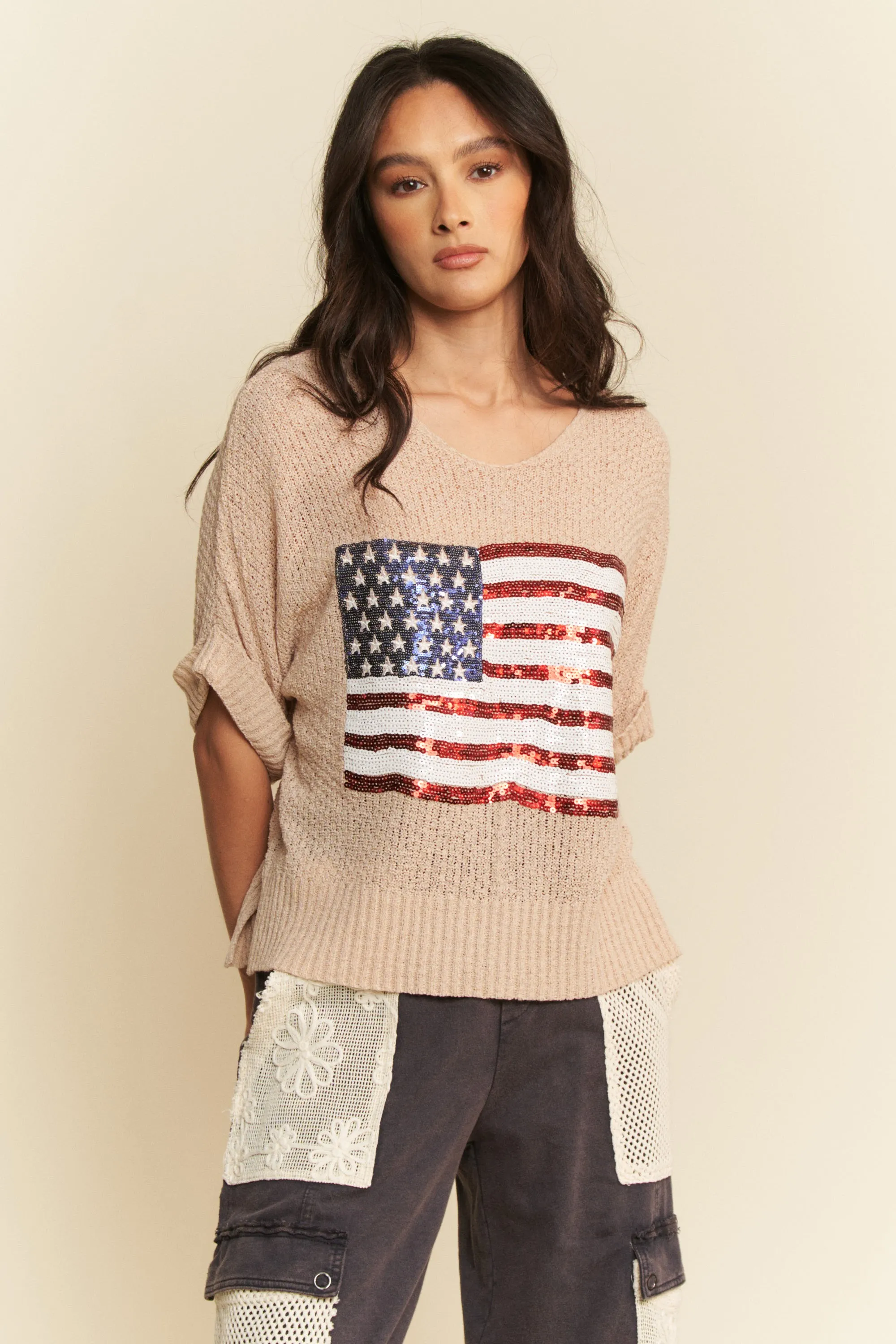 Davi & Dani Sequin American Flag Patch Short Sleeve Knit Top