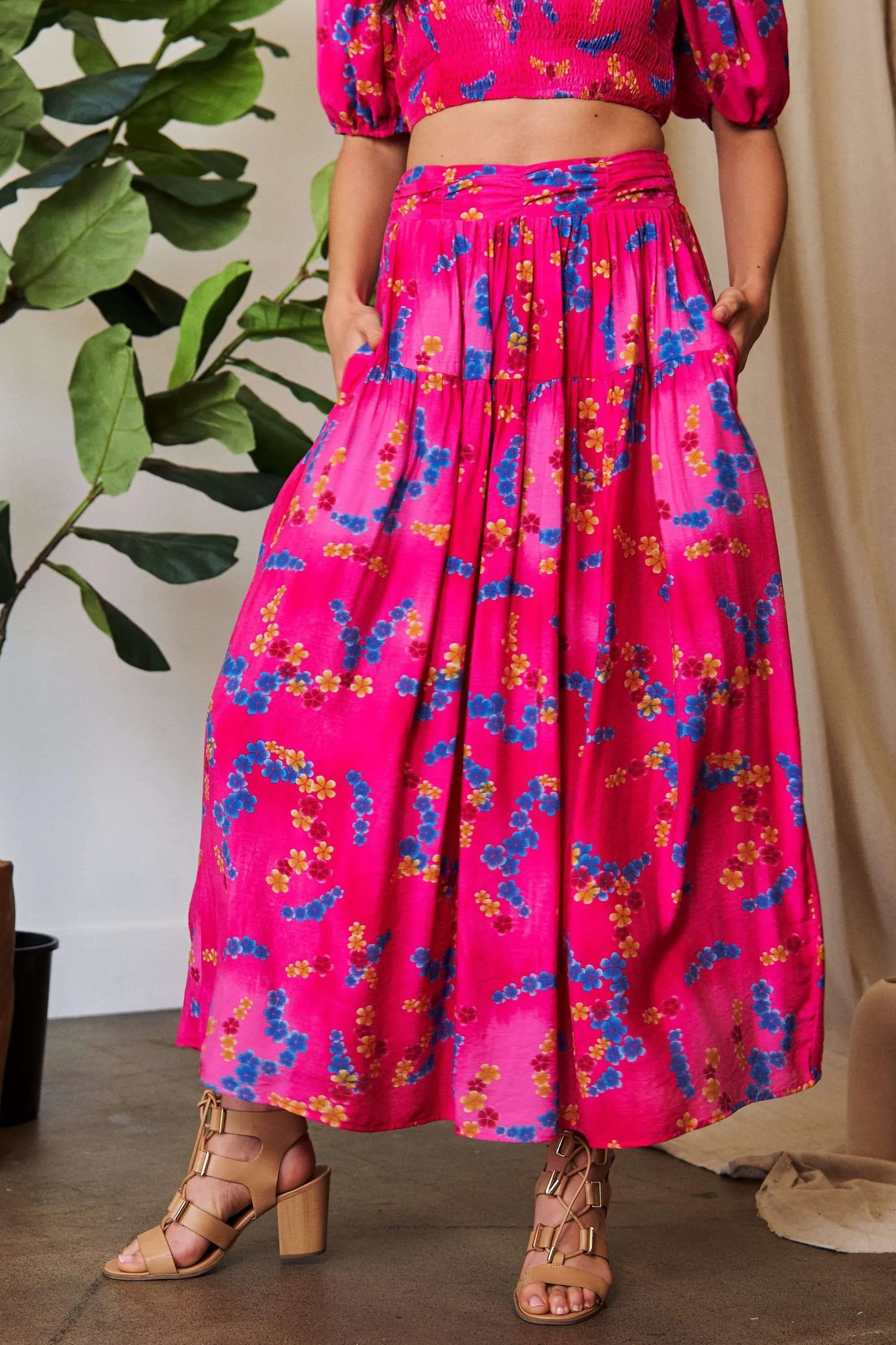 Davi & Dani Printed Smocking Waistband Ruffled Maxi Skirt