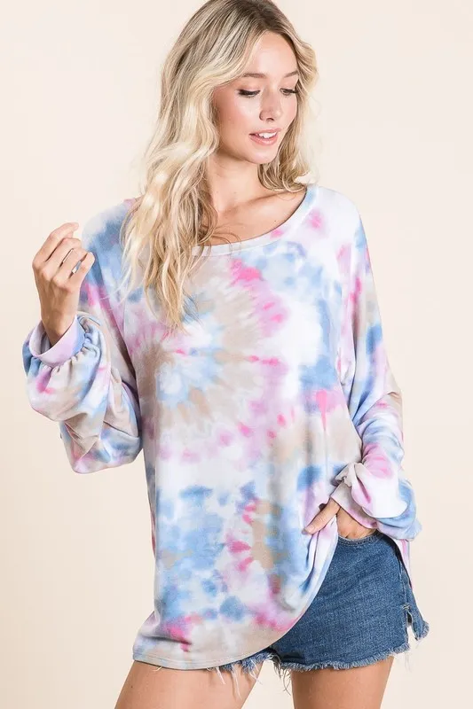 BiBi Tie Dye Print Terry Top With Puff Sleeves