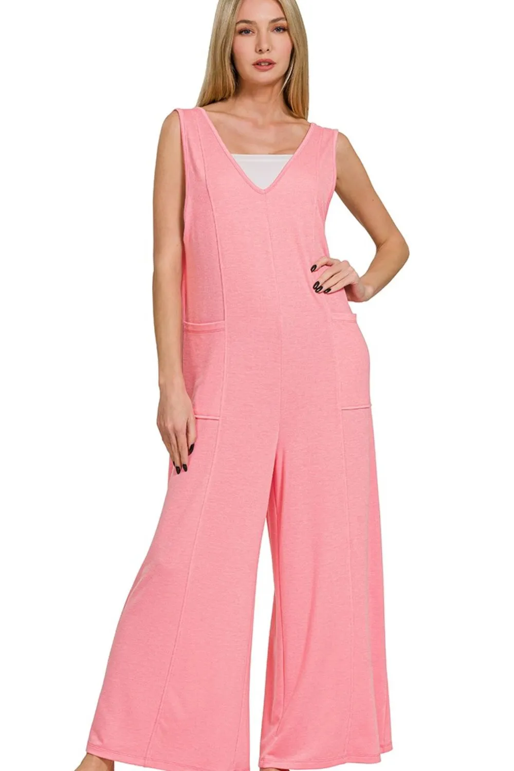 Zenana French Terry Deep V Neck Jumpsuits