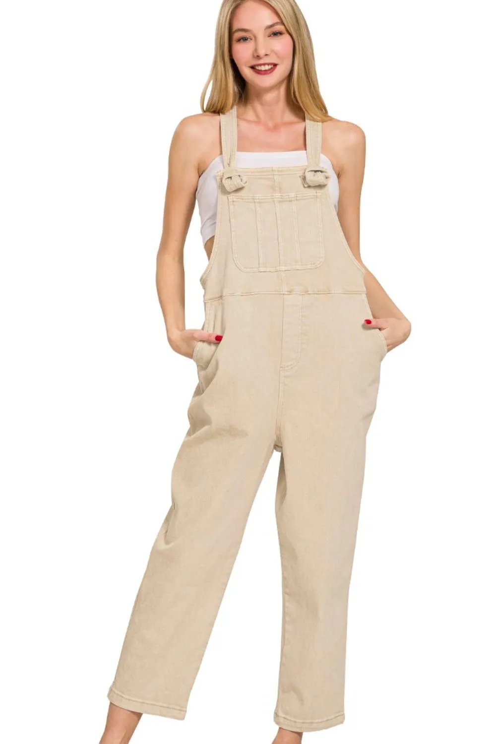 Zenana Washed Knot Strap Relaxed Fit Overalls