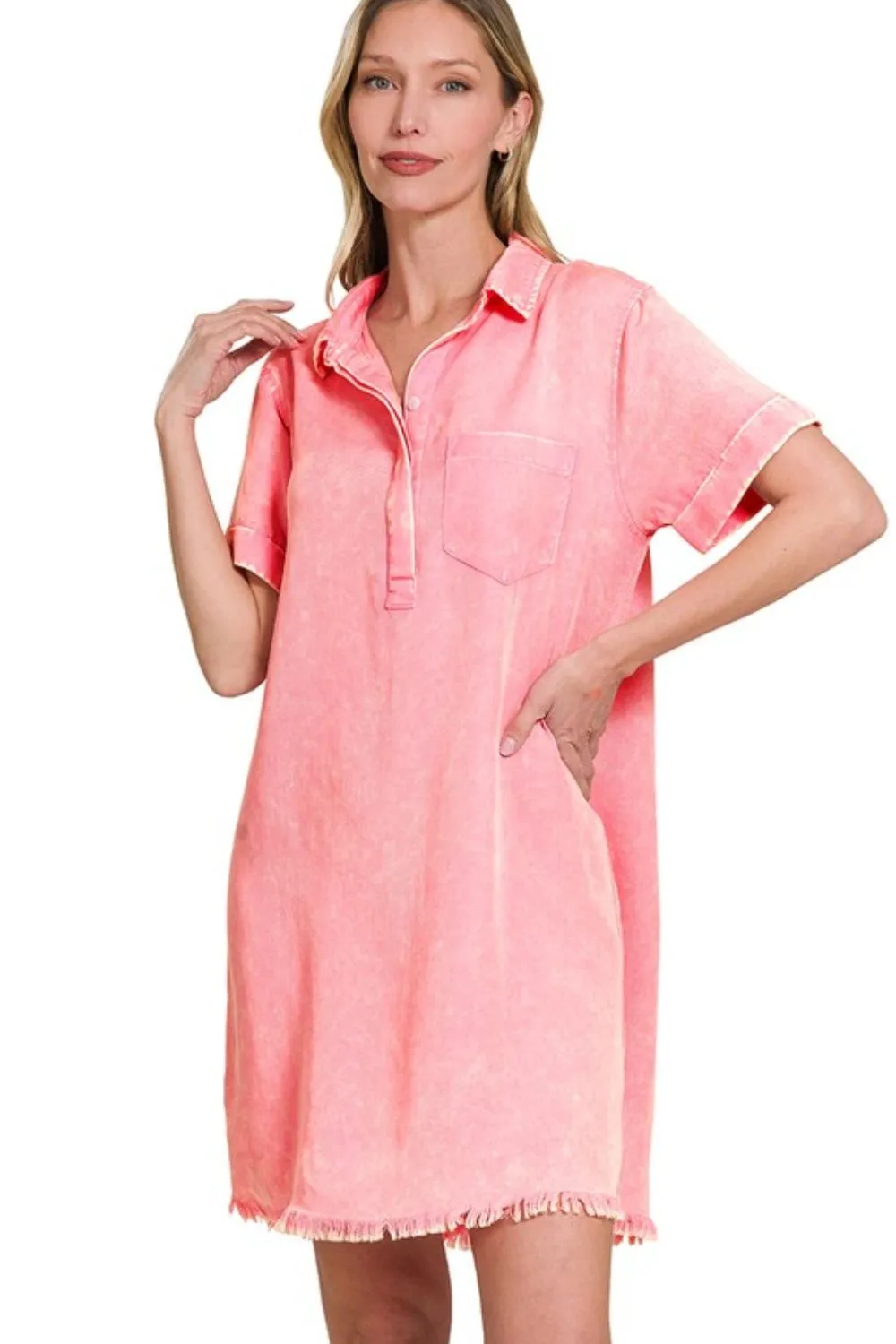 Zenana Tencel Mineral Washed Collared Shirts Dress