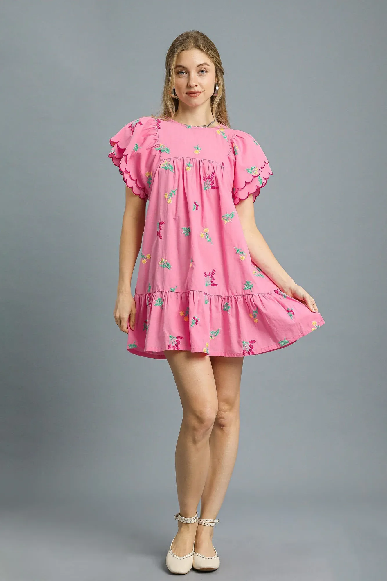 Umgee Floral Embroidered Short Sleeve Mini Dress