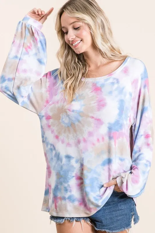 BiBi Tie Dye Print Terry Top With Puff Sleeves