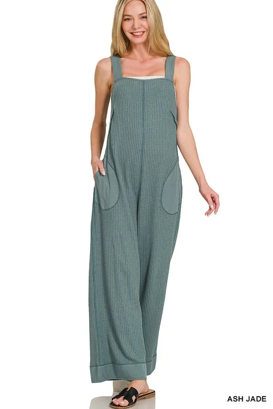 Zenana Knit Waffle Wide Leg Overalls