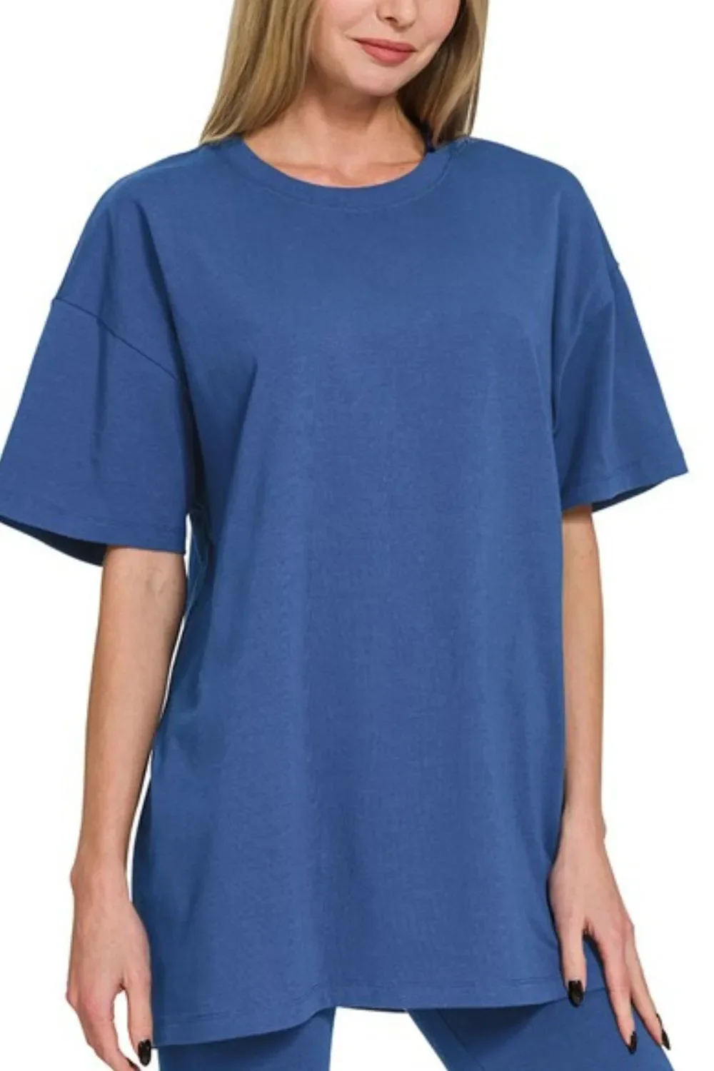 Zenana Cotton Round Neck Top & Biker Shorts