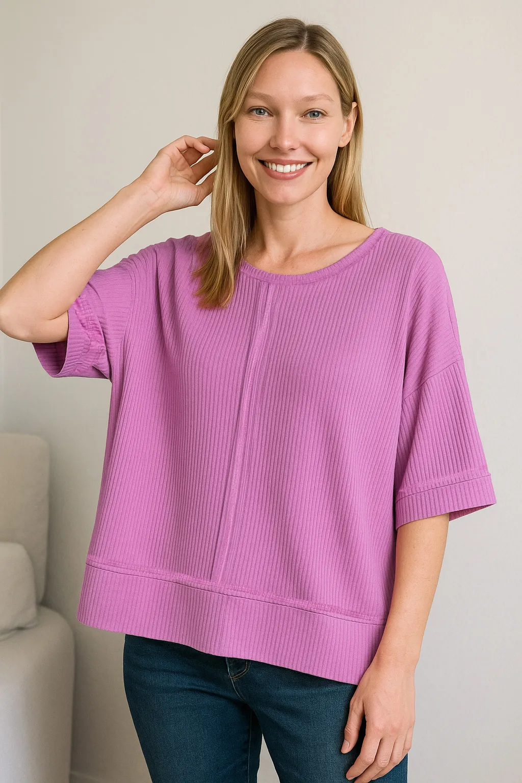Zenana Ribbed Boat Neck 3/4 Sleeve Top