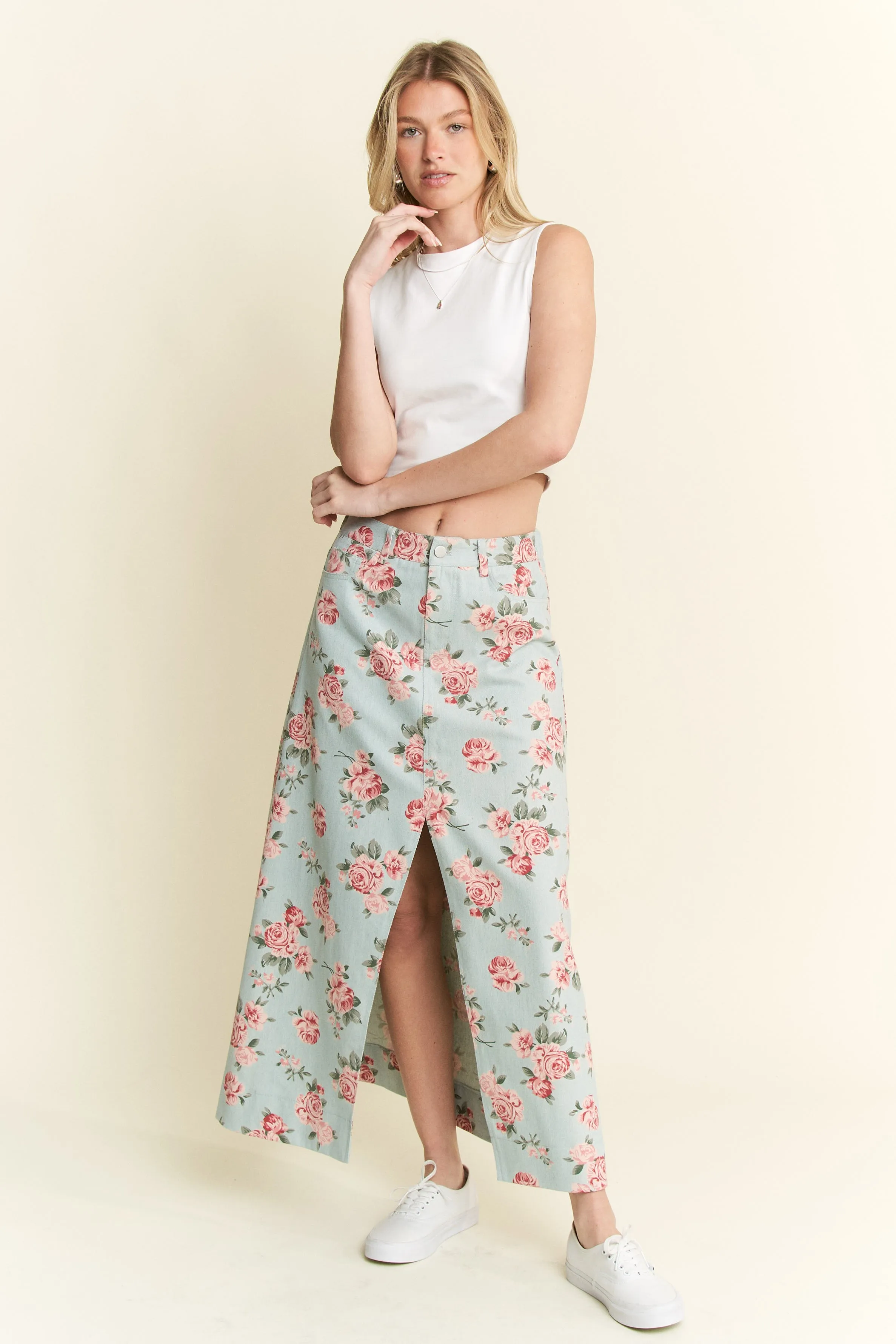 Jade By Jane Full Size Floral Print Front Slit Denim Maxi Skirt Plus Size