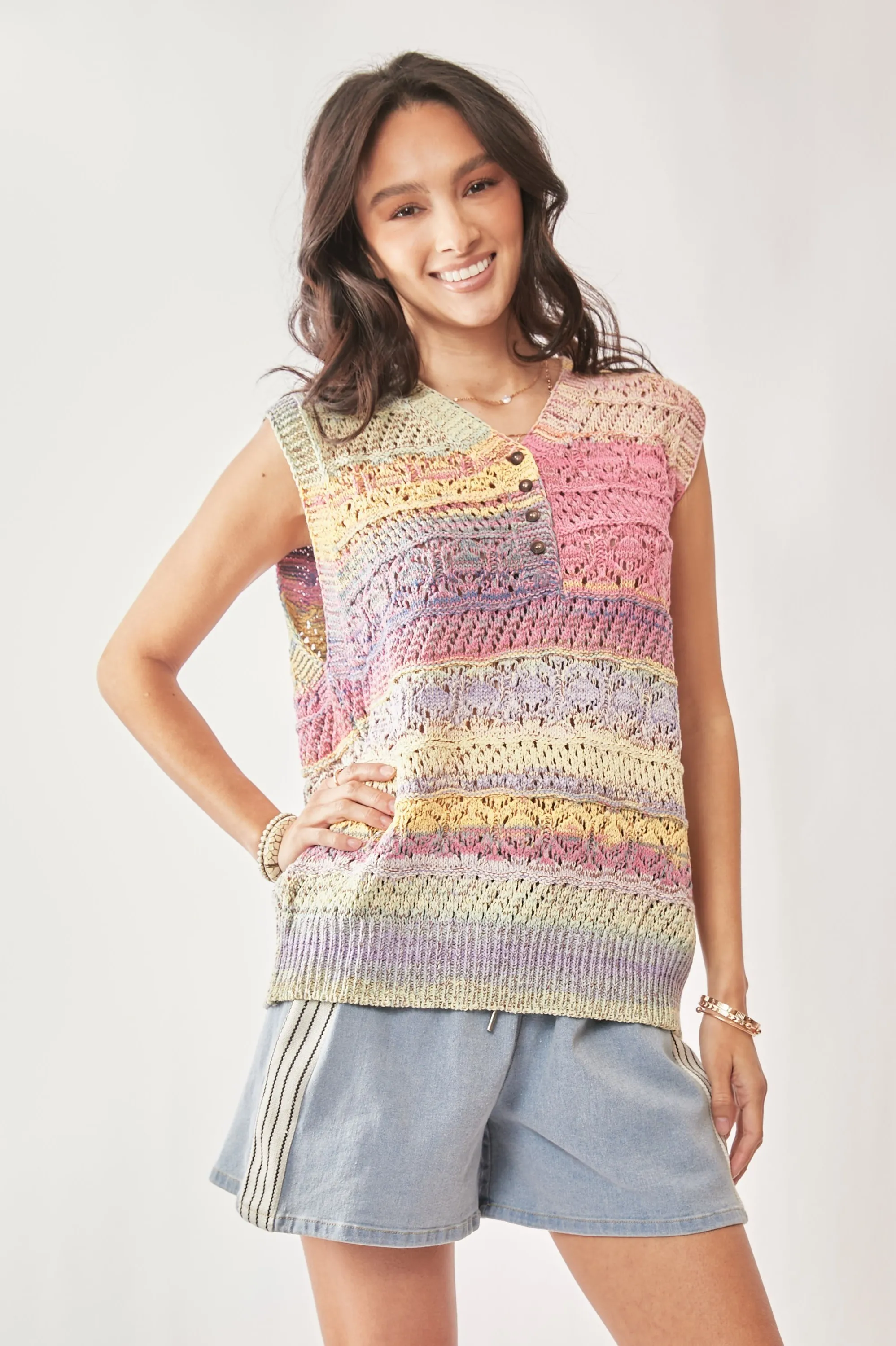 Davi & Dani Multi Color Crochet Sleeveless Knit Vest Top