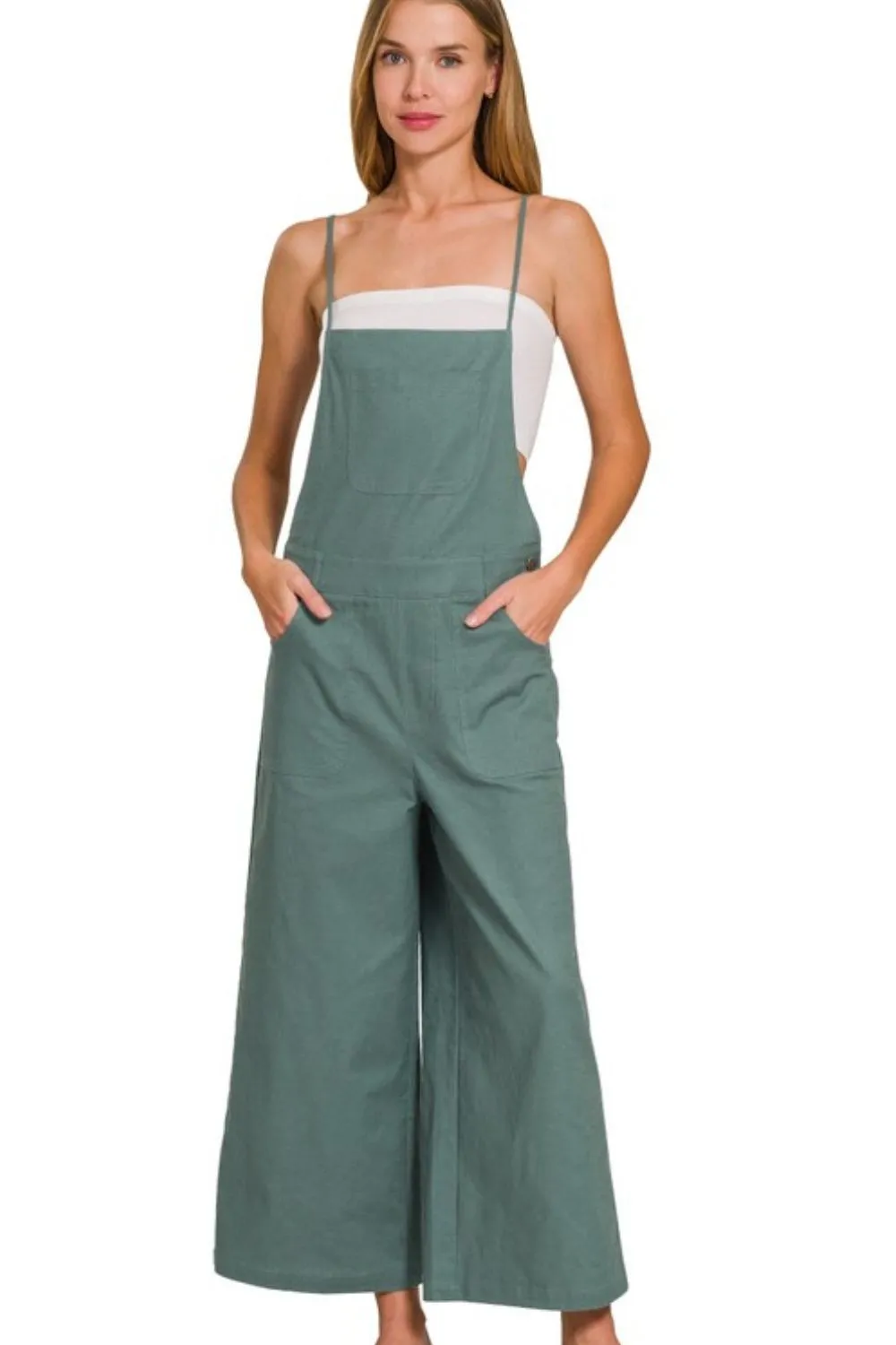 Zenana Woven Spaghetti Strap Overalls