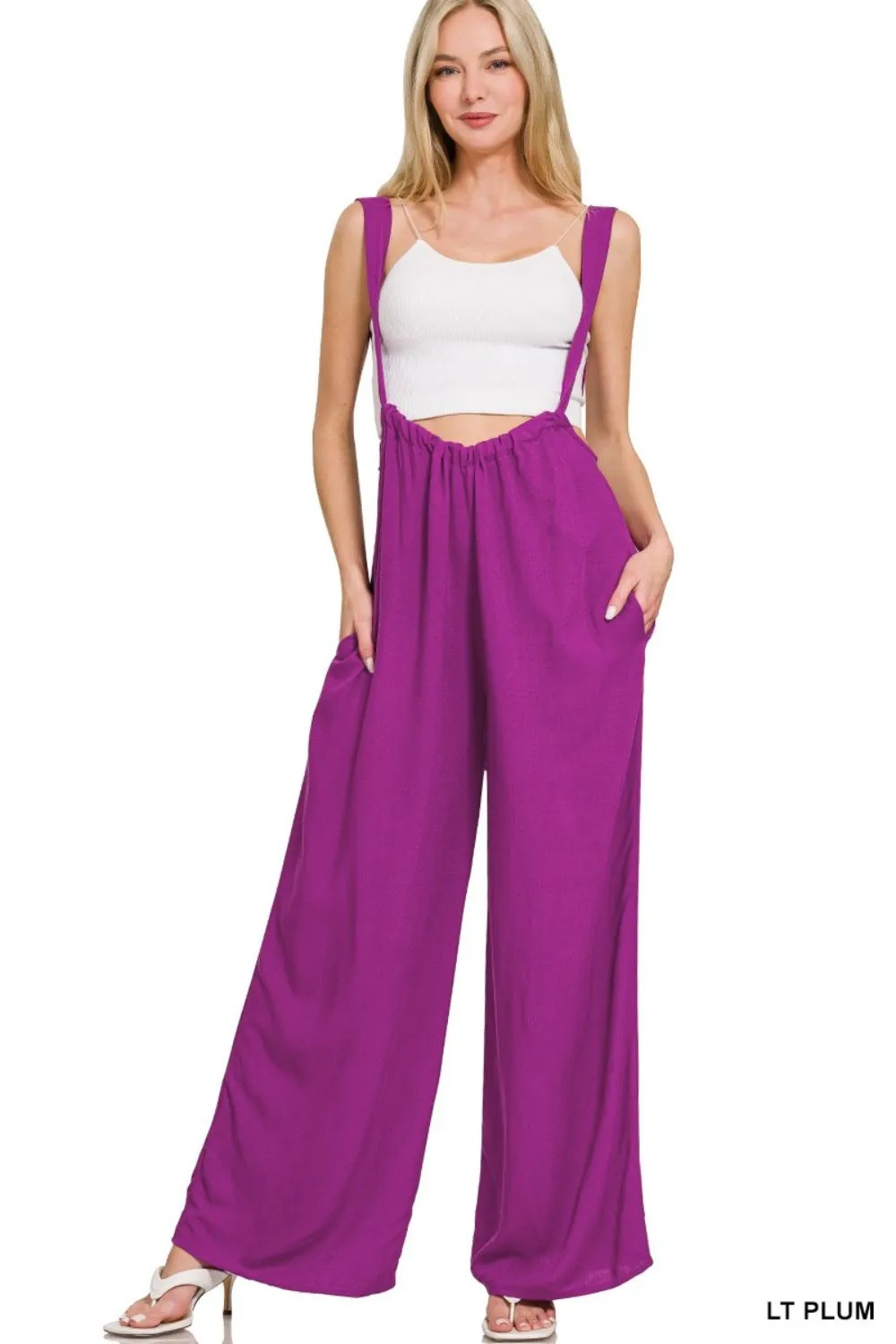 Zenana Woven Tie Back Suspender Jumpsuit