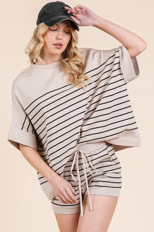 Lime 'N' Chili Striped Folded Half Sleeve Top and Shorts Set