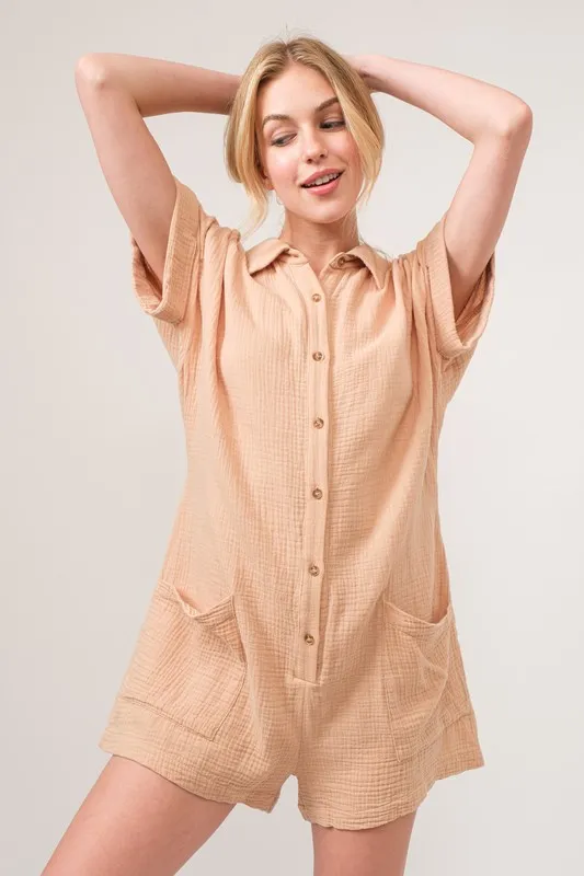 And The Why Washed Gauze Roll-up Sleeve Comfort Utility Romper