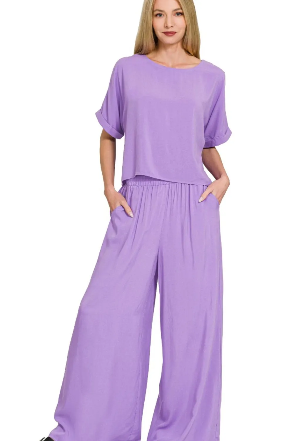 Zenana Round Neck T-Shirt and Wide Leg Pants Set
