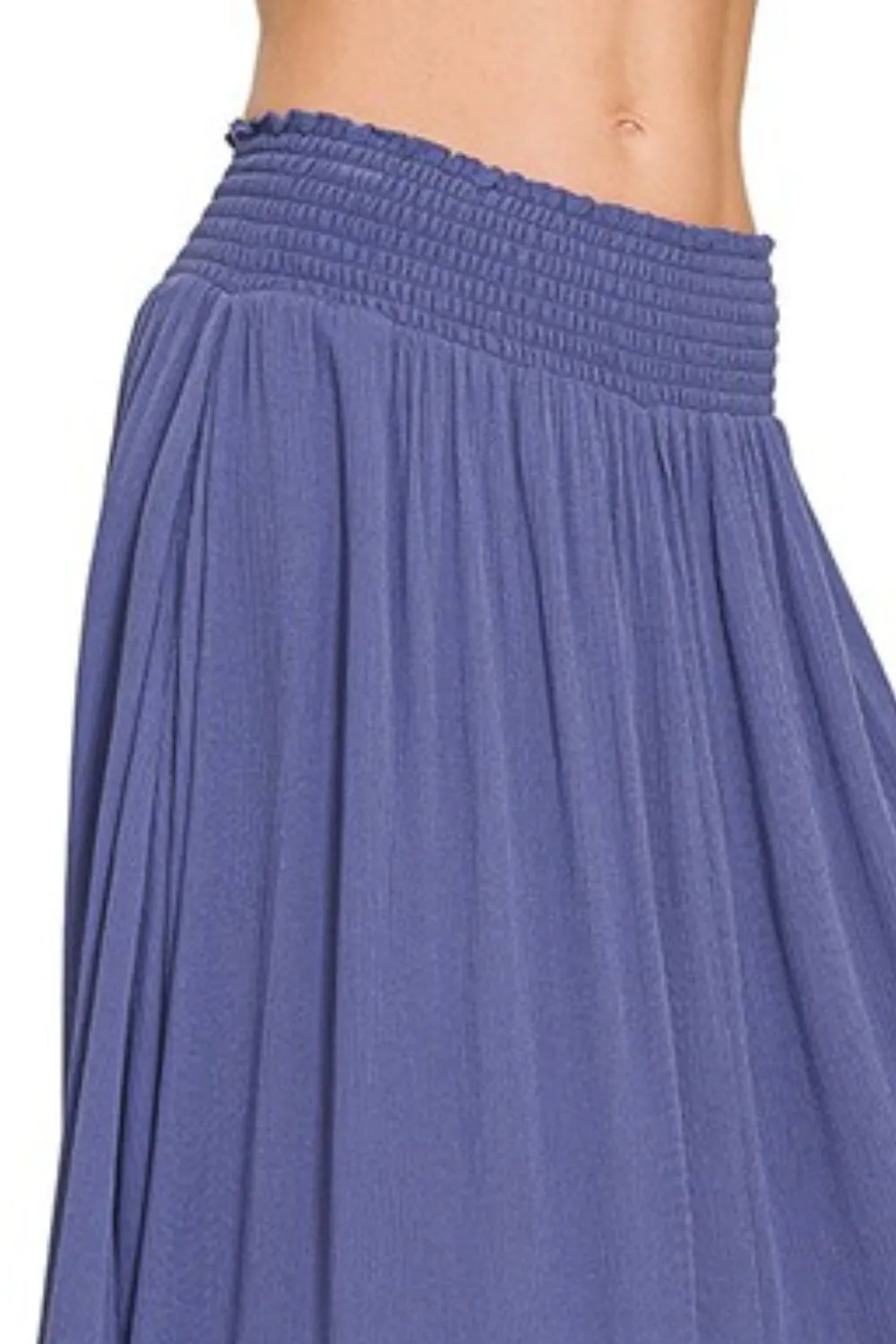 Zenana Woven Crinkle Smocked Waist Maxi Skirt W Pockets