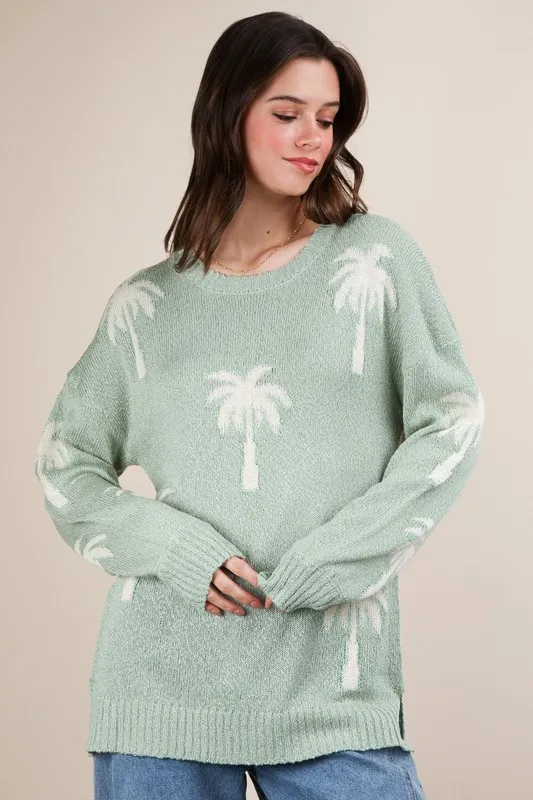 VERY J Palm Tree Graphic Oversized Knit Sweater