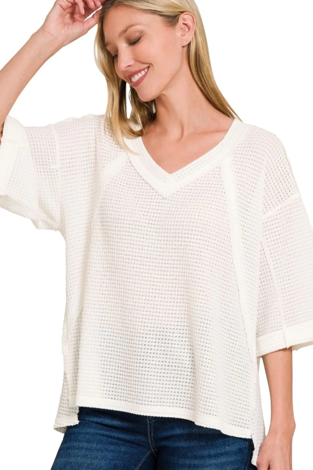Zenana Brushed Waffle Exposed-seam 3/4 Sleeve Top