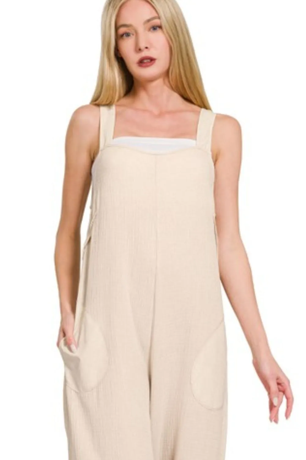 Zenana Double Gauze Washed Wide Leg Overalls