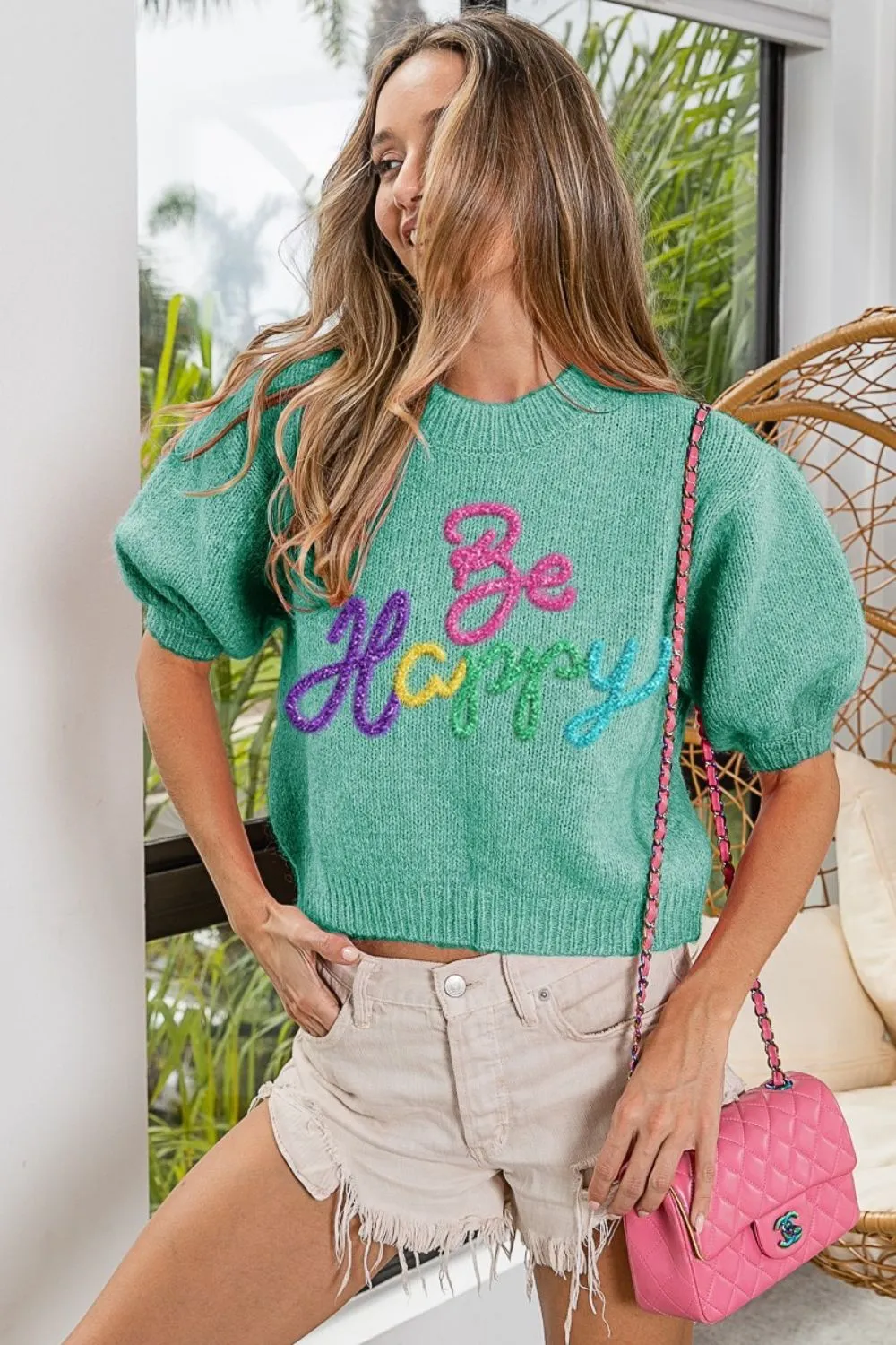 BiBi Metallic Letter Short Puff Sleeve Hairy Sweater