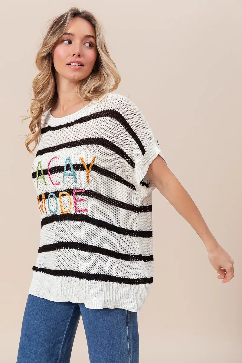 BiBi Vacay Mode Lettering Drop Shoulder Striped Sweater