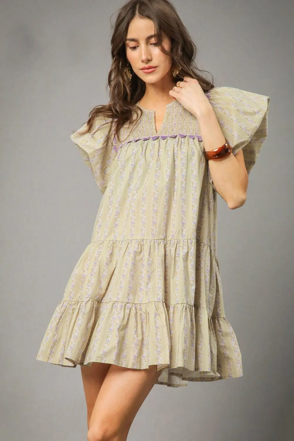 Umgee Floral Ruffled Cap Sleeve Tiered Mini Dress