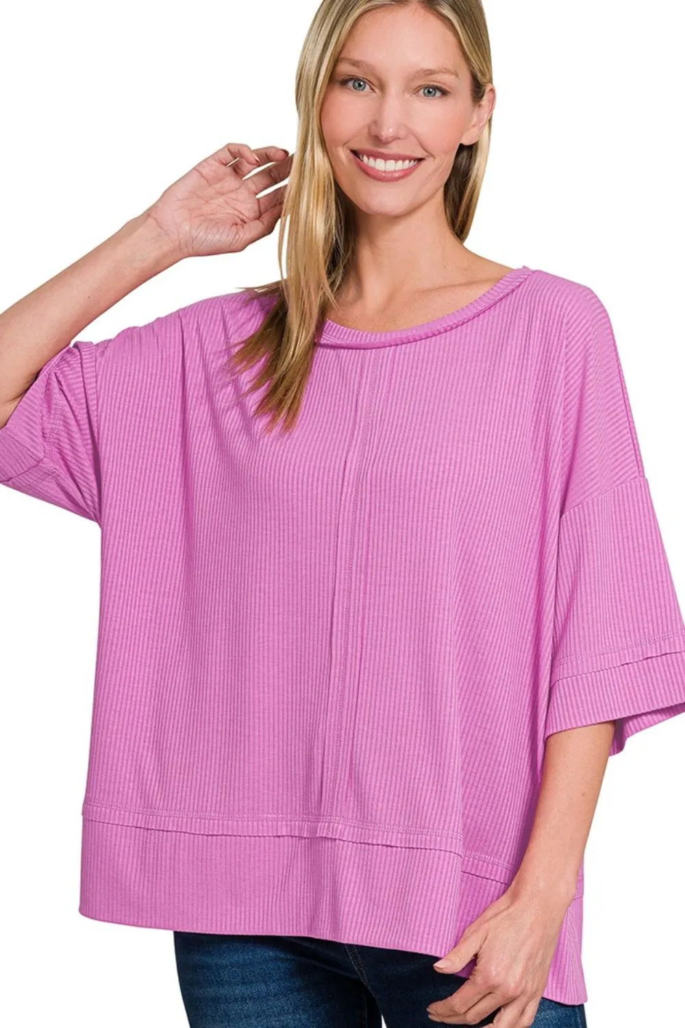 Zenana Ribbed Boat Neck 3/4 Sleeve Top