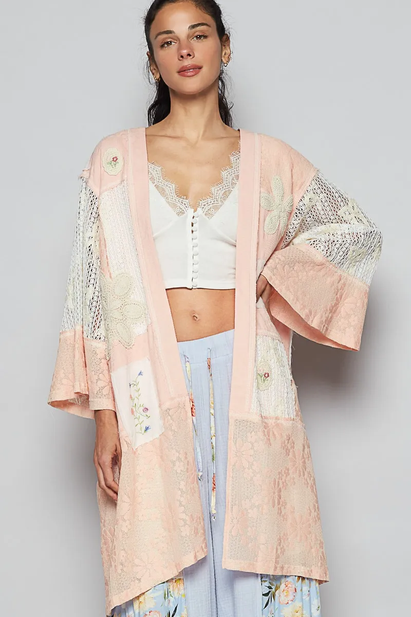POL Double Gauze and Lace Mix Cardigan with Embroidered Detail