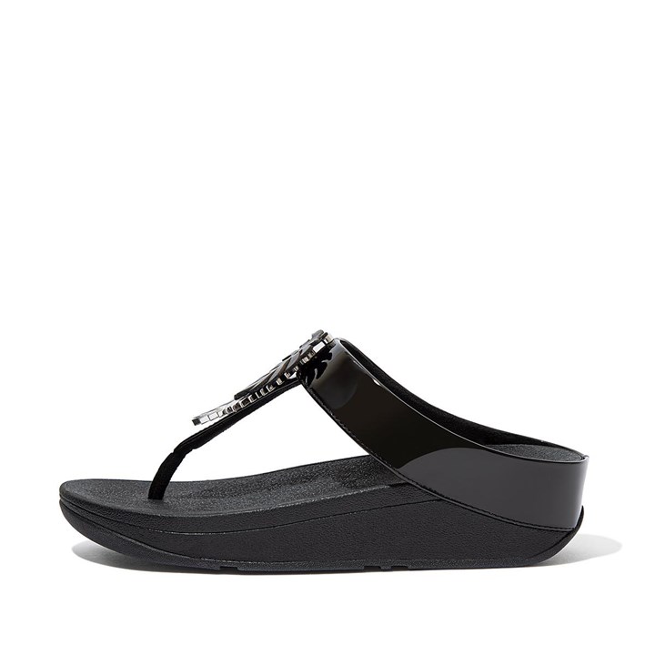 Fitflop Fino Jungle Leaf Patent Toe-Post Sandals