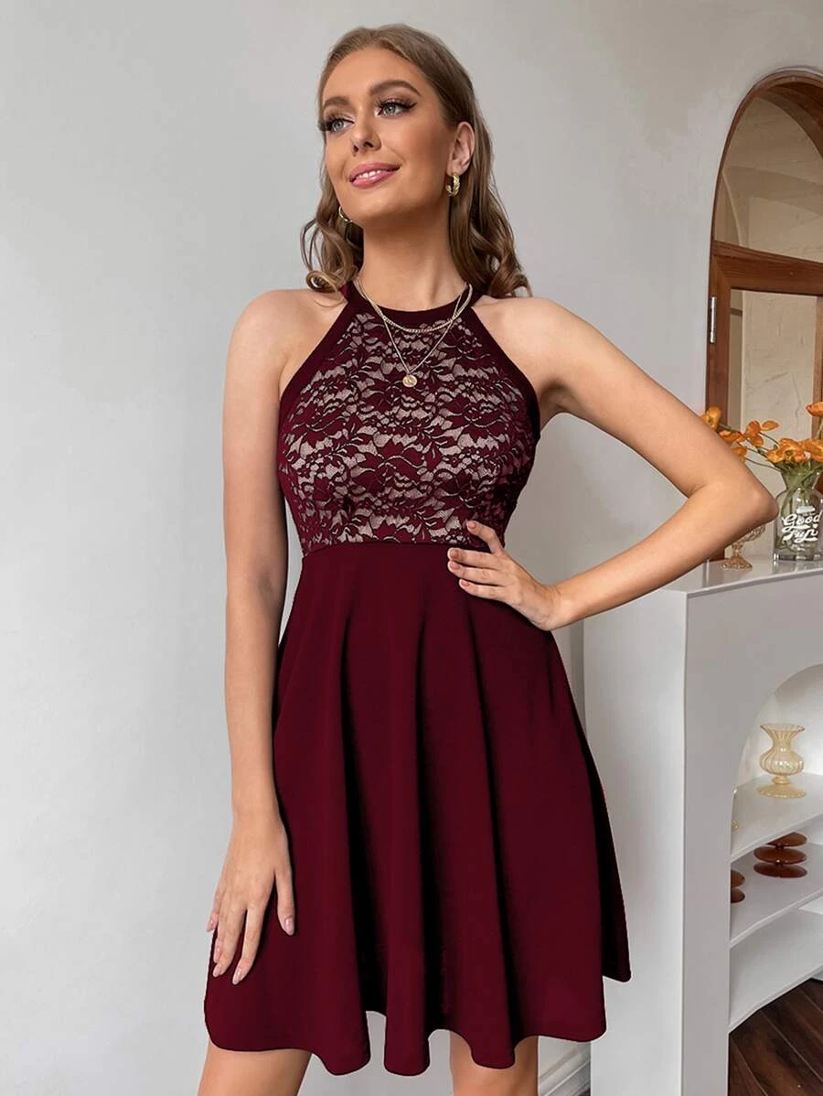 Contrast Lace Halter Neck Dress