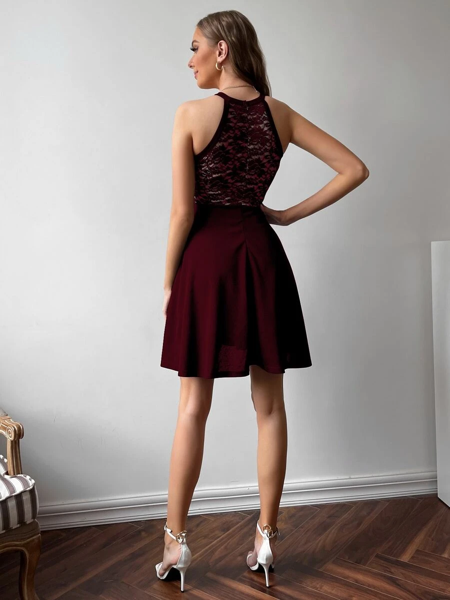 Contrast Lace Halter Neck Dress