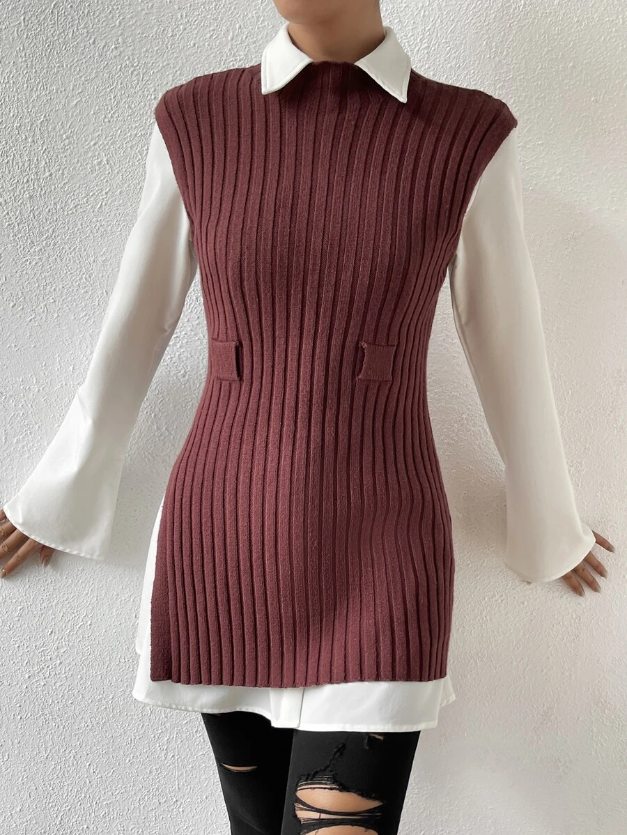 Ribbed Knit Split Hem Sweater Vest Without Belt Blouse