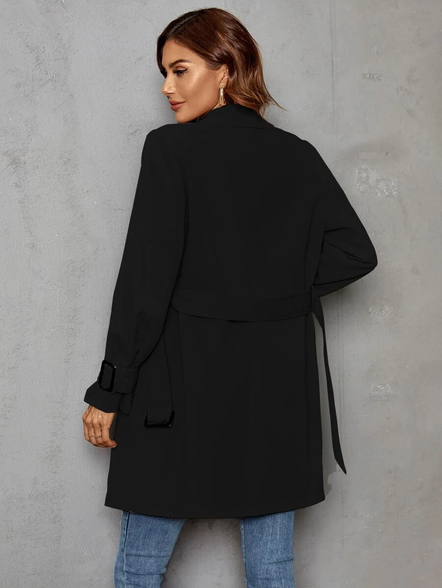Double Breasted Lapel Neck Belted Trench Coat