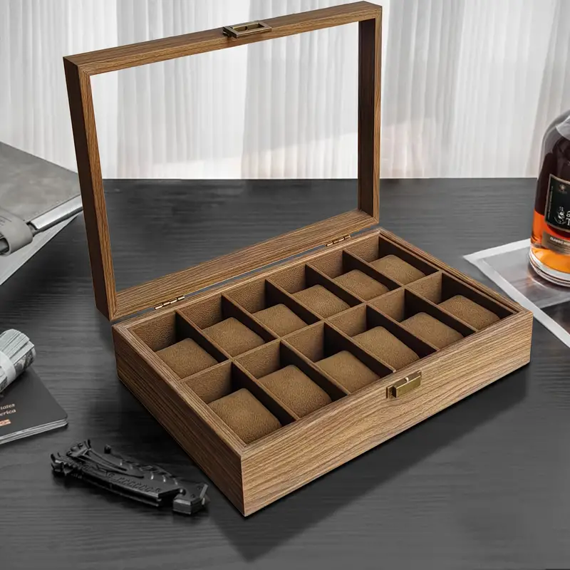 Luxury Walnut Wood Grain Watch Box - Stackable Display Organizer with Dustproof Glass Lid, Perfect Father's Day or Holiday Gift for Him