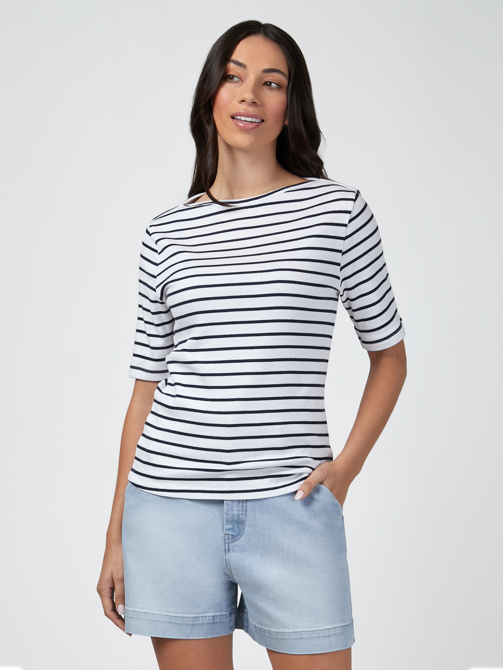 Rib Elbow Sleeve Boatneck Tee