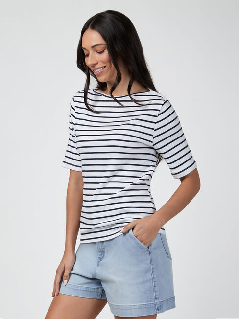 Rib Elbow Sleeve Boatneck Tee