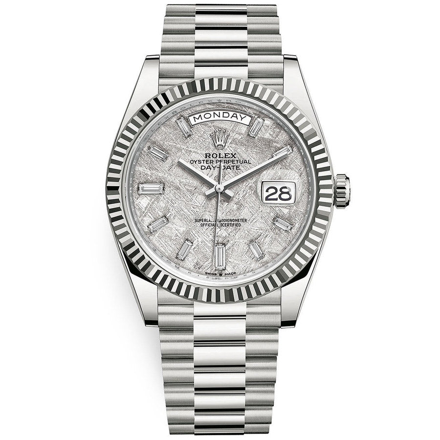 Rolex 1:1 Super Clone Day-Date 40 Presidential 228239 Fluted Bezel Baguette Diamond Meteorite Dial