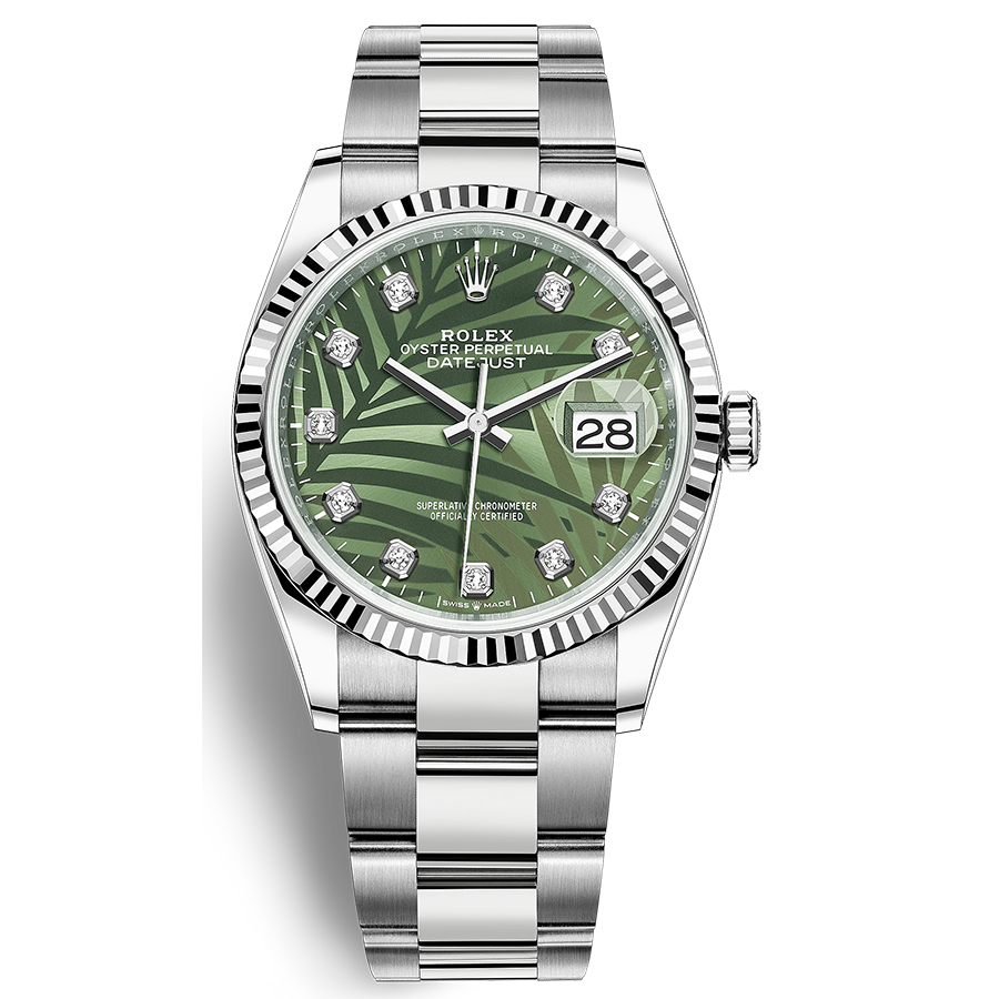 Rolex 1:1 Super Clone Datejust Olive Green, Palm Motif Diamond Fluted Dial 36mm 126234