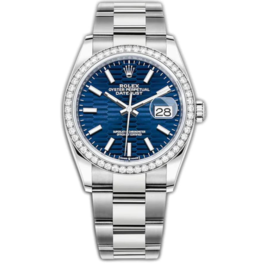 Rolex 1:1 Super Clone Datejust Bright Blue, Fluted Motif Dial Diamond Bezel 36mm 126284RBR