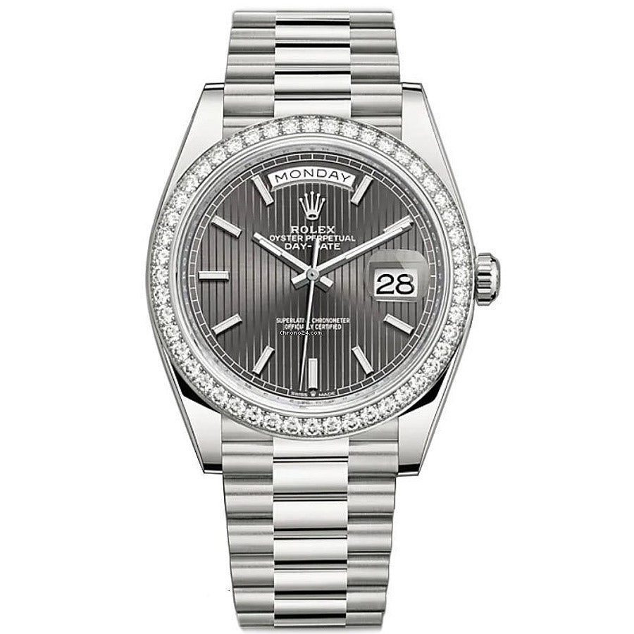 Rolex 1:1 Super Clone Day-Date 40 Presidential 228349 Diamond Bezel Dark Rhodium Stripe Motif Dial