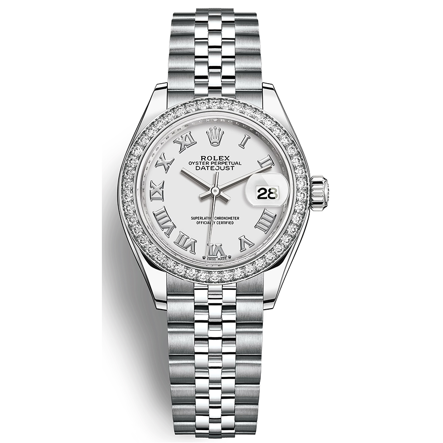 Rolex 1:1 Super Clone Lady-Datejust White Roman Numeral Dial Diamond Bezel 28mm 279384RBR