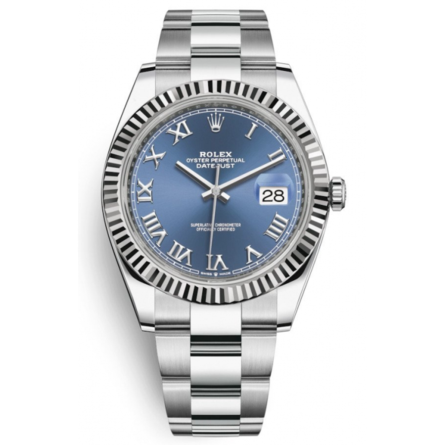Rolex 1:1 Super Clone Datejust 41mm Azzurro Blue Roman Numeral Dial Fluted Bezel 126334