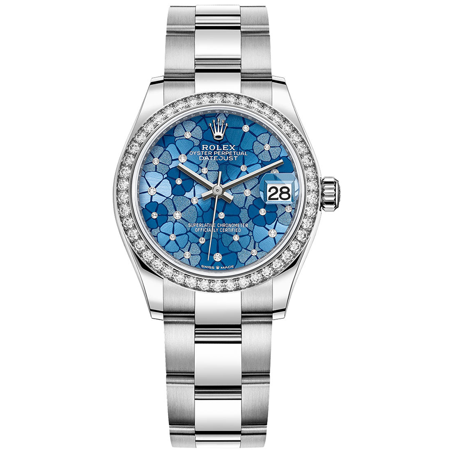Rolex 1:1 Super Clone Datejust Azzurro Blue Floral Motif Dial Diamond Bezel 31mm 278384RBR