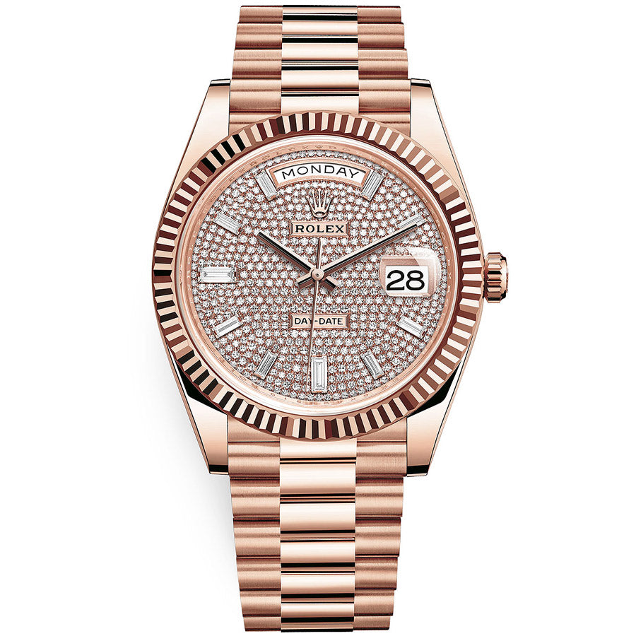 Rolex 1:1 Super Clone Day-Date 40 Presidential 228235 Fluted Bezel Baguette / Pave Diamond Dial