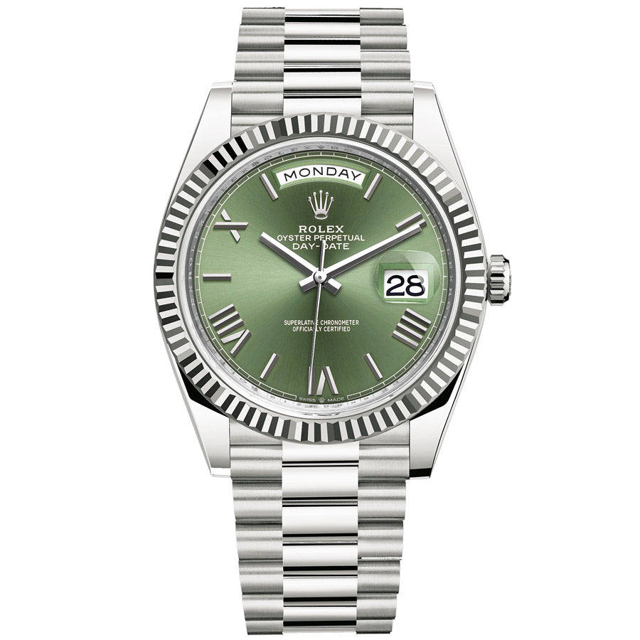 Rolex 1:1 Super Clone Day-Date 40 Presidential 228239 Fluted Bezel Olive Green Dial