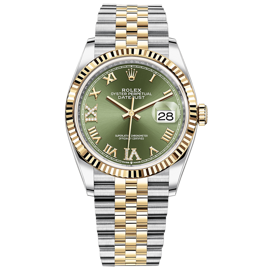 Rolex 1:1 Super Clone Datejust Olive Green Roman Numeral Dial Fluted Bezel 36mm 126233