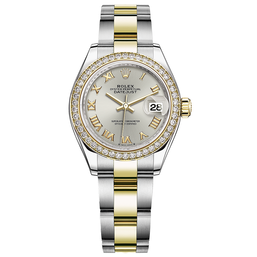 Rolex 1:1 Super Clone Lady-Datejust Silver Roman Numeral Dial Diamond Bezel 28mm 279383RBR