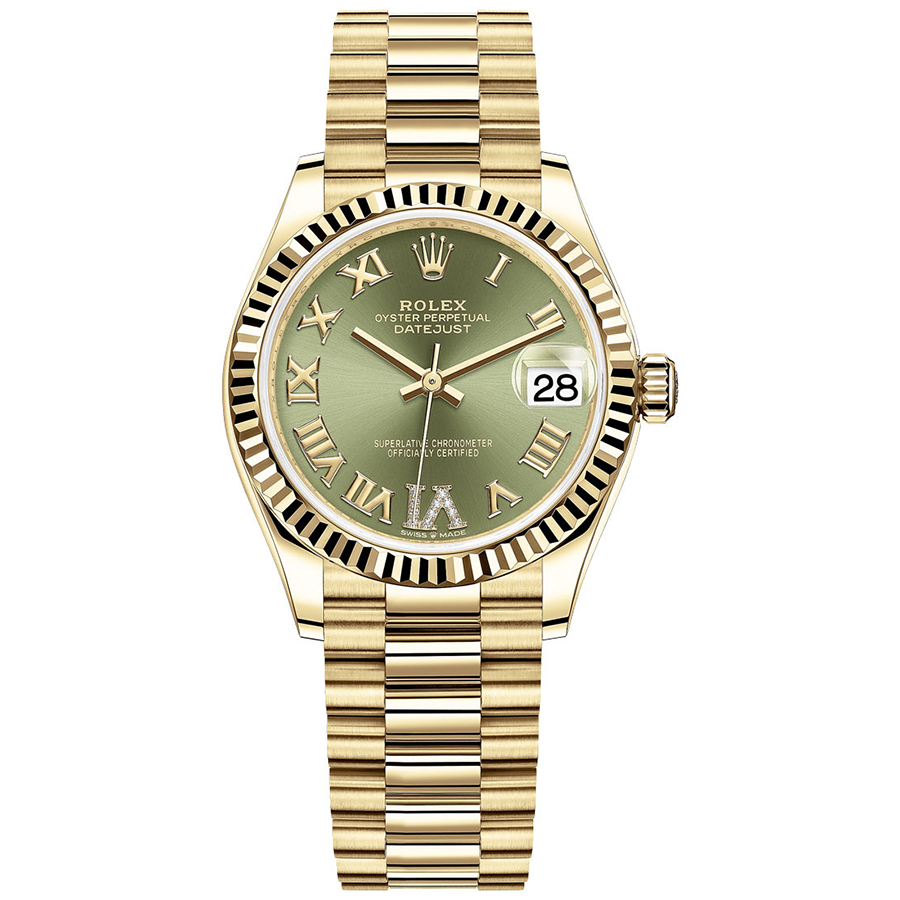 Rolex 1:1 Super Clone Datejust Olive Green Diamond Roman Numeral Dial Fluted Bezel 31mm 278278
